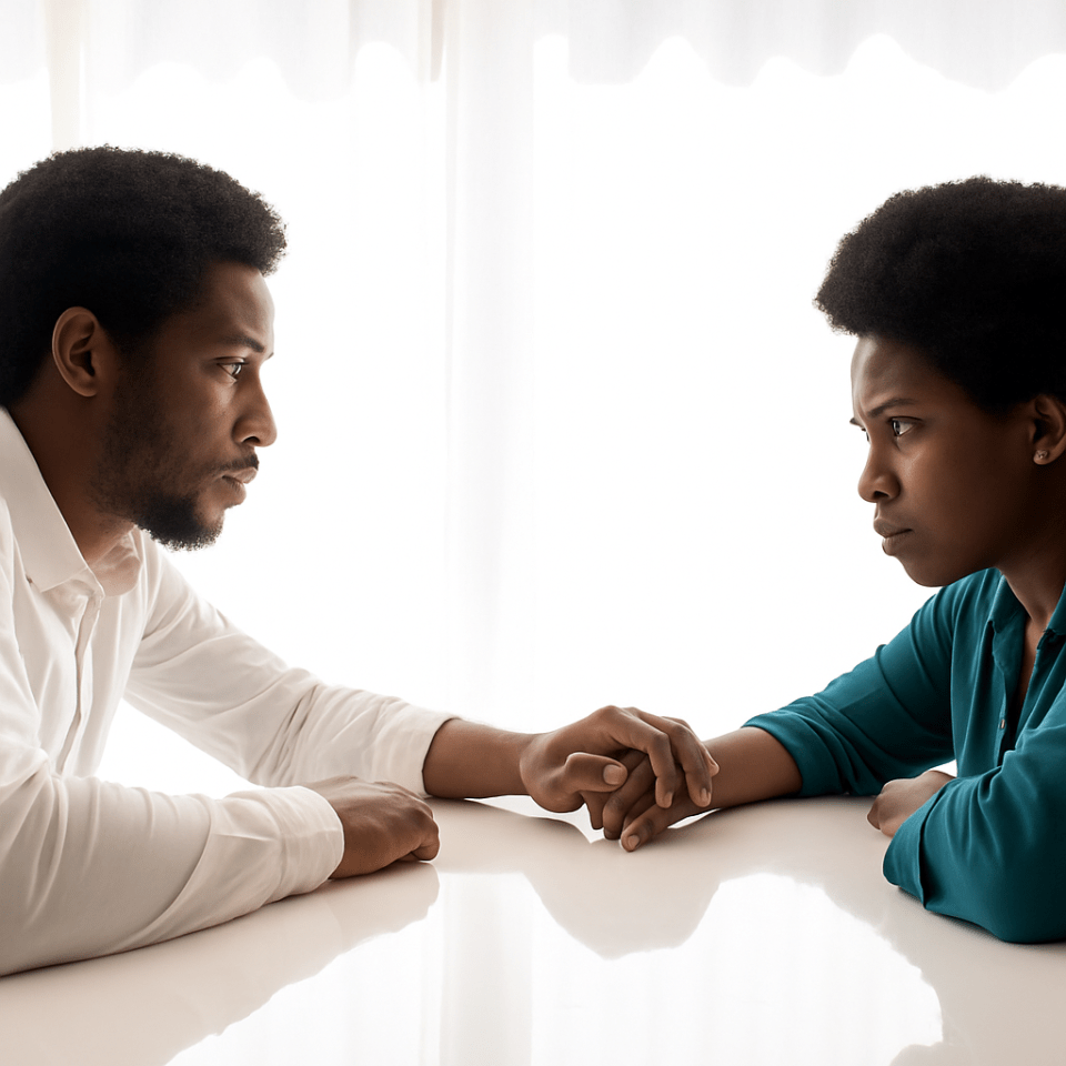 Black couple with serious expressions holding hands across a white table, representing spousal support discussions and emotional financial decisions after divorce due to their income gap.