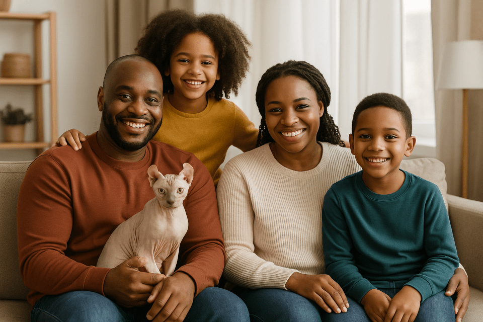 Black family with two children smiling on a couch while the father holds an elf cat, a hairless cat with curled ears, in a cozy living room setting.
