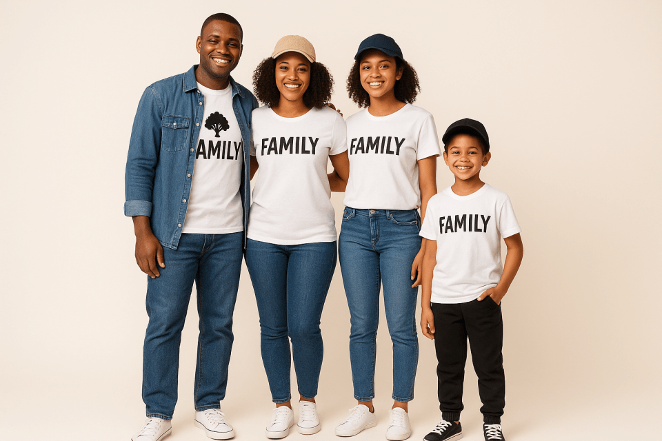 Your family's style, tailored to you: the power of personalized fashion Black family style custom clothing with matching t-shirts and denim, showing personalized family apparel and unity through custom printed outfits for an article titled, "your family's style, tailored to you: the power of personalized fashion. "