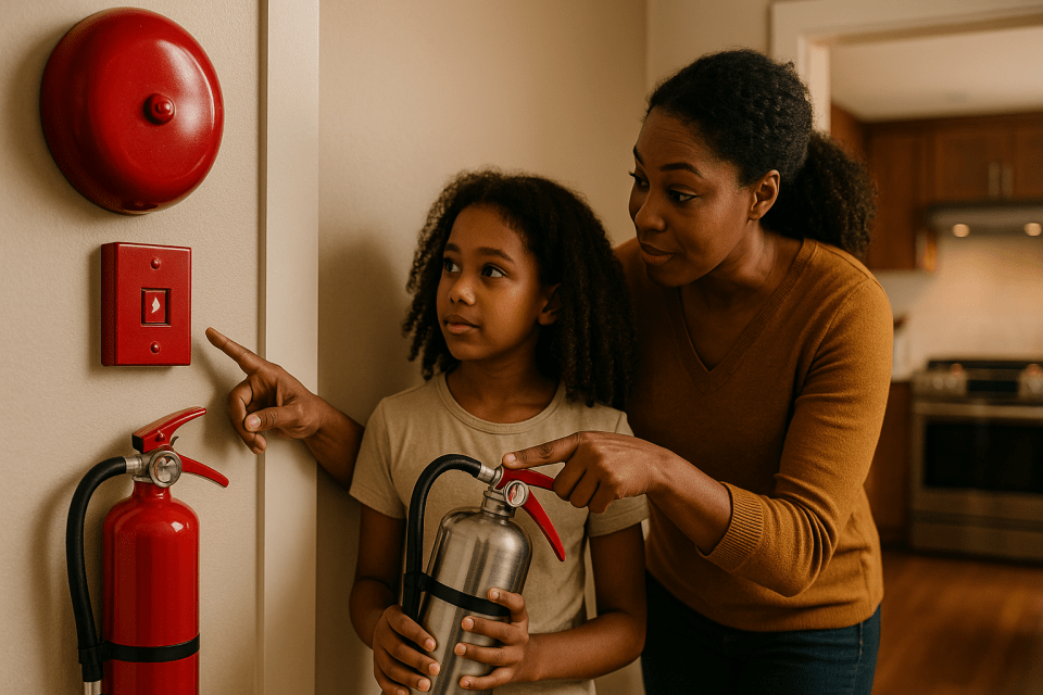 The silent guardian: why a fire alarm is essential in every home Black mother teaching daughter home fire alarm safety with wall-mounted fire alarm bell and metal fire extinguisher in hallway, family safety at home for an article titled, "the silent guardian: why a fire alarm is essential in every home. "