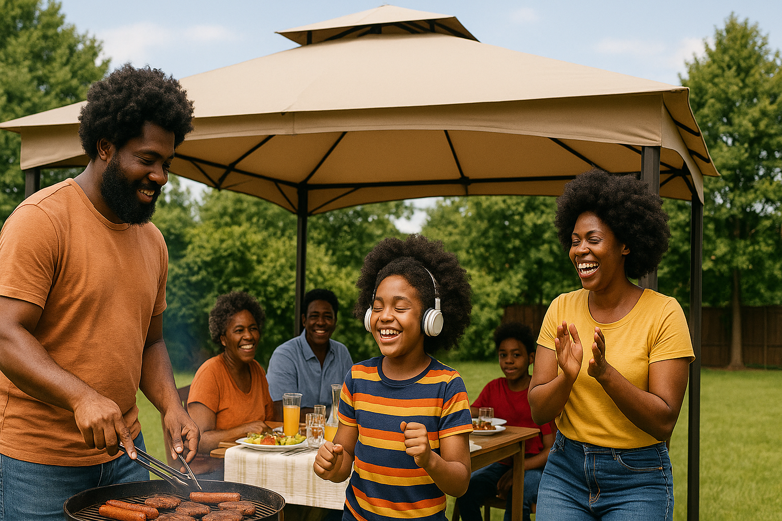 Extended black family with natural 4c hair enjoying a joyful backyard barbecue under a modern gazebo, with grandparents, parents, and children bonding over food, laughter, and music.