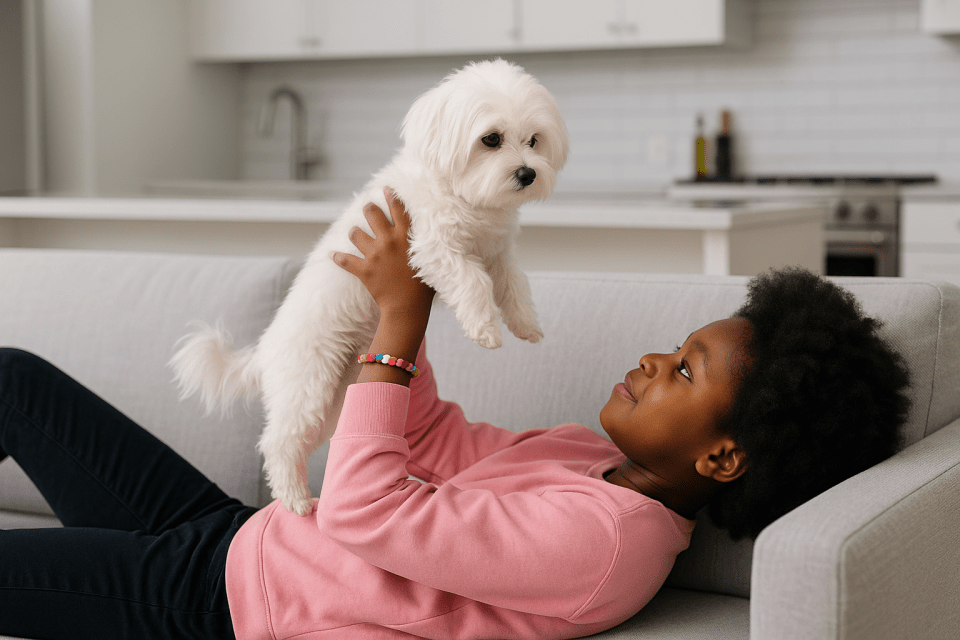 Why getting a dog for your child is more than just a trend: exploring the health benefits Black child playing with white fluffy dog on couch, why getting a dog for your child is more than just a trend, dog benefits for kids’ health and happiness for an article titled, why getting a dog for your child is more than just a trend: exploring the health benefits.