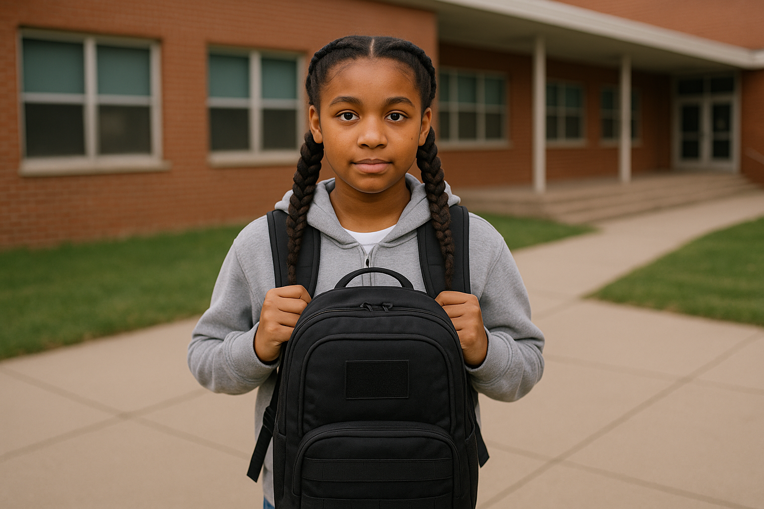 Young black girl with braids wearing a backpack, standing in front of a school building, representing school safety and protection for children in 2025.