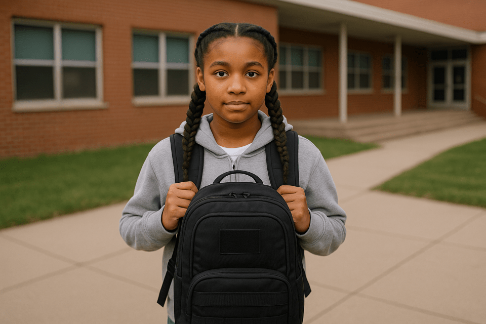What parents need to know about bulletproof backpacks, ballistic gear, and school safety plans Young black girl with braids wearing a bulletproof backpack, standing in front of a school building, representing school safety and protection for children in 2025.