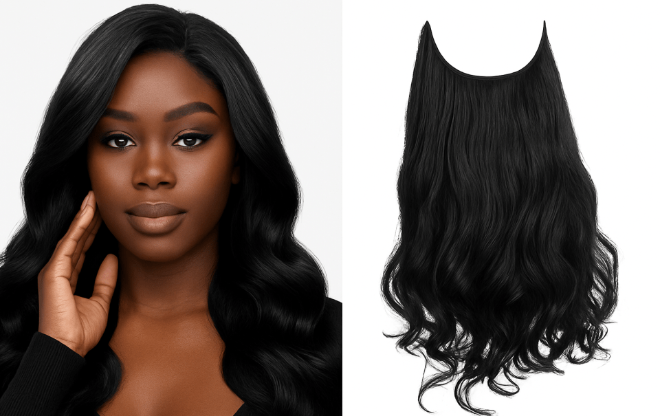 Wavy halo extensions hairstyle black hair example — who should choose wavy halo extensions over other types.