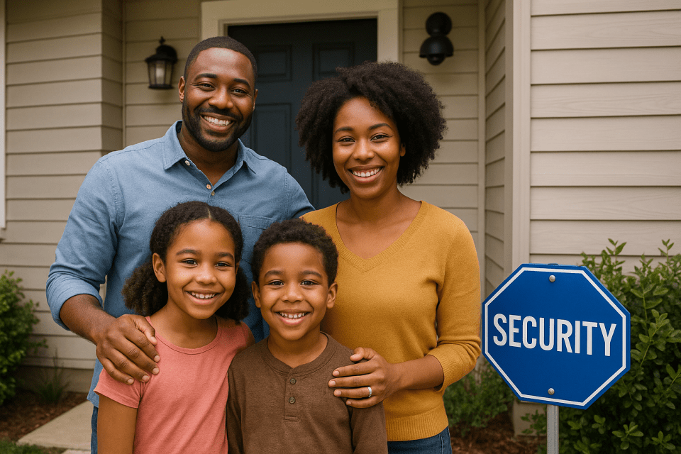 African american family standing happily in front of their home with a visible security sign, representing the safety and peace of mind a home security system provides.