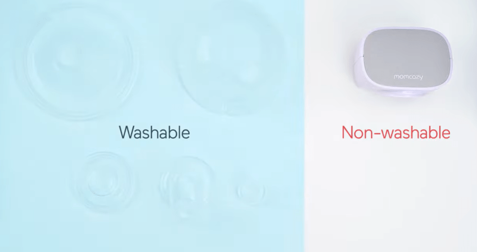 How to use a wearable breast pump properly How to use a wearable breast pump properly, showing washable breast pump parts on the left and non-washable motor part on the right, labeled clearly, for an article titled, "how to use a wearable breast pump properly. "