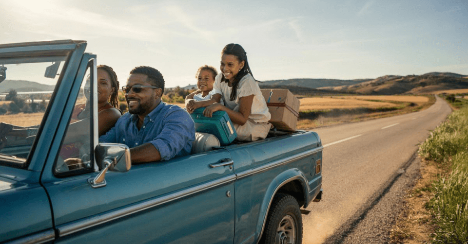 How to move your young black family across the country A joyful black family driving in a blue vintage convertible along a rural road, with luggage and boxes packed for a cross-country move for an article titled, "how to move your young black family across the country. "