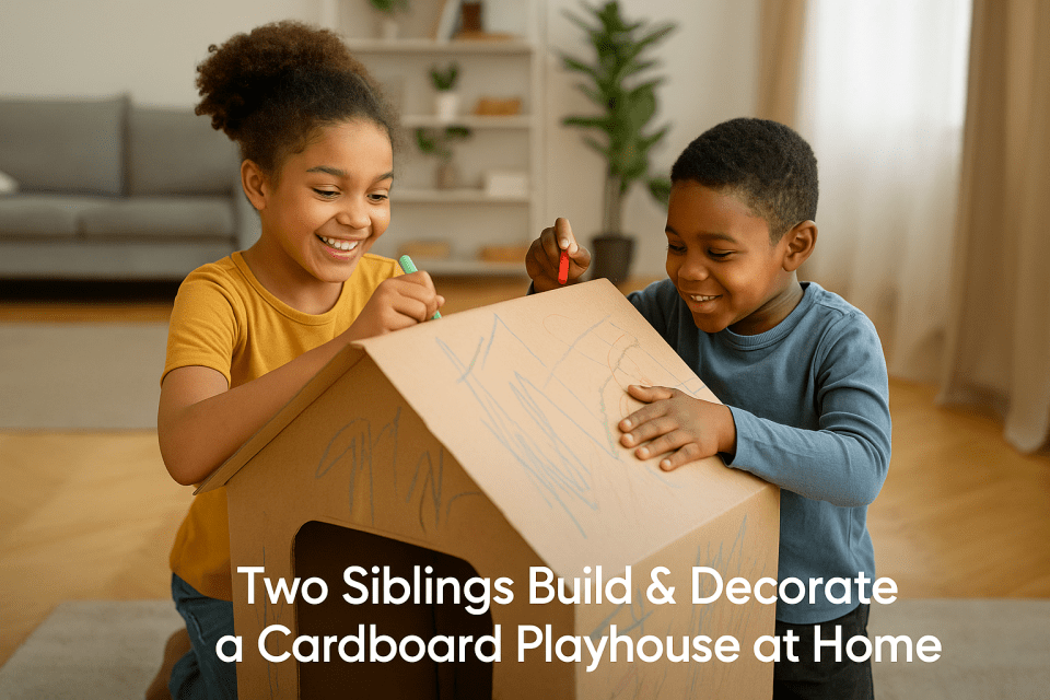 10 thoughtful gift ideas for multicultural families with kids Two siblings build & decorate a cardboard playhouse at home as a gift recommendation for multicultural families