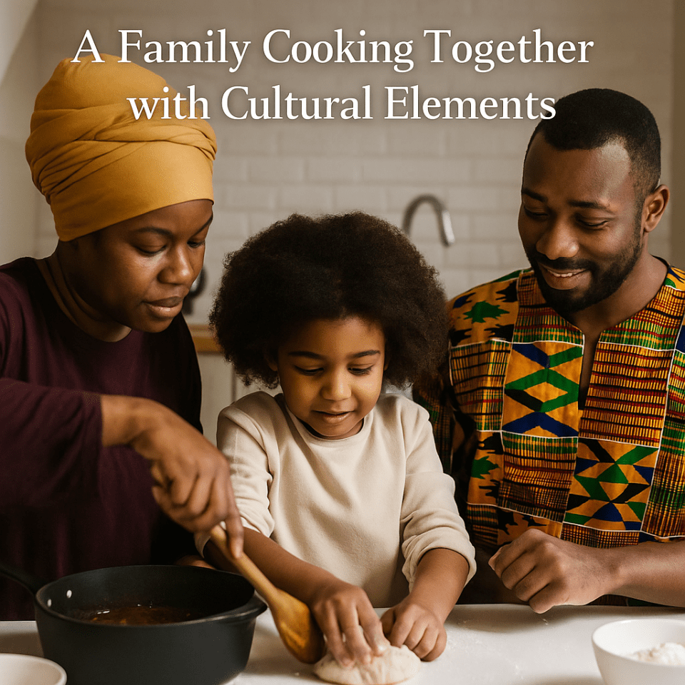 10 thoughtful gift ideas for multicultural families with kids A family cooking together with cultural elements for an article about gifts for multicultural families