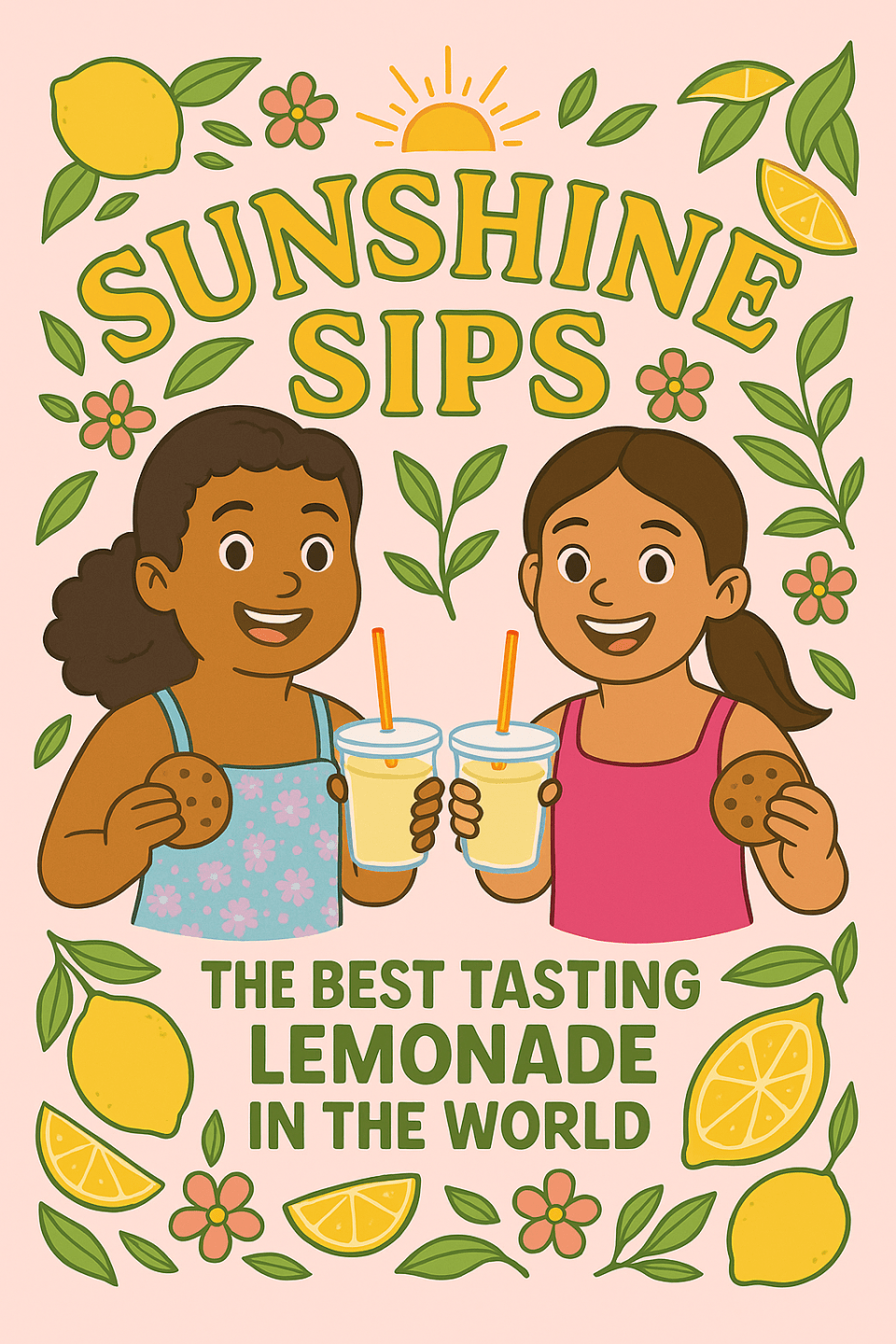 Illustrated lemonade stand poster with two smiling girls holding cookies and cups of lemonade, surrounded by lemons, leaves, and flowers. The title reads “sunshine sips” with the tagline “the best tasting lemonade in the world.