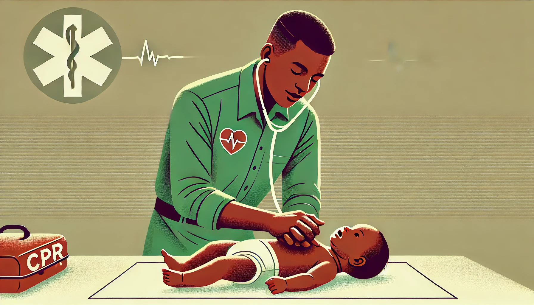 Who needs infant cpr classes? A guide for parents and caregivers A vector-style illustration of an adult performing infant cpr on a baby. The adult, wearing a green long-sleeve shirt, uses two fingers for chest compressions while supporting the baby's head with the other hand. Both the adult and the baby have brown skin tones. The background features a simple medical theme, including a cpr first aid kit and an emergency medical symbol with a heartbeat line. The composition is well-proportioned to fit a 1920x1080 resolution without distortion.