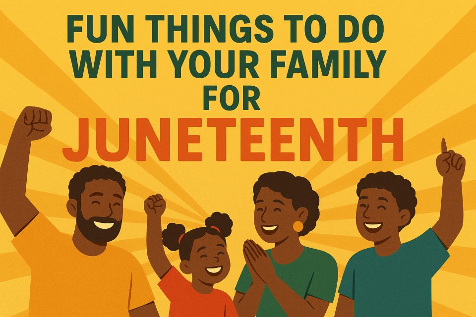 Fun things to do with your family for juneteenth, celebrating juneteenth with kids, black family juneteenth celebration illustration