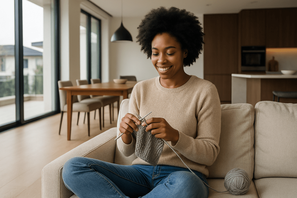 29-year-old black woman knitting in a luxury modern home, knitting starter packs, beginner knitting set, learn to knit starter pack for an article titled: why knitting starter packs are the secret to sticking with your new hobby