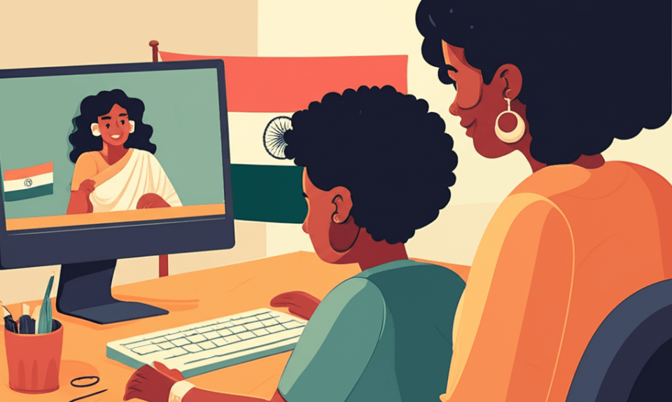 5 key benefits of learning gujarati online: advantages for modern learners A black mother and her child sit at a desk, engaging in online gujarati lessons, with an indian flag on the computer screen showing a teacher.