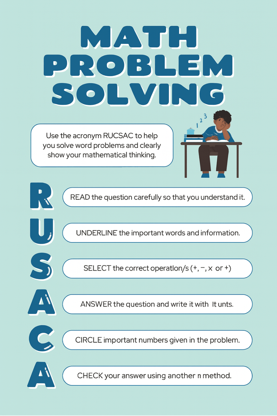 Visual math aid showing rucsac strategy to help children solve math word problems