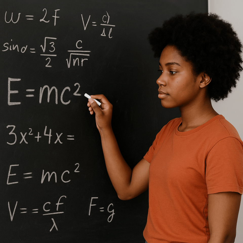 Child struggling with math showing frustration and anxiety at a chalkboard