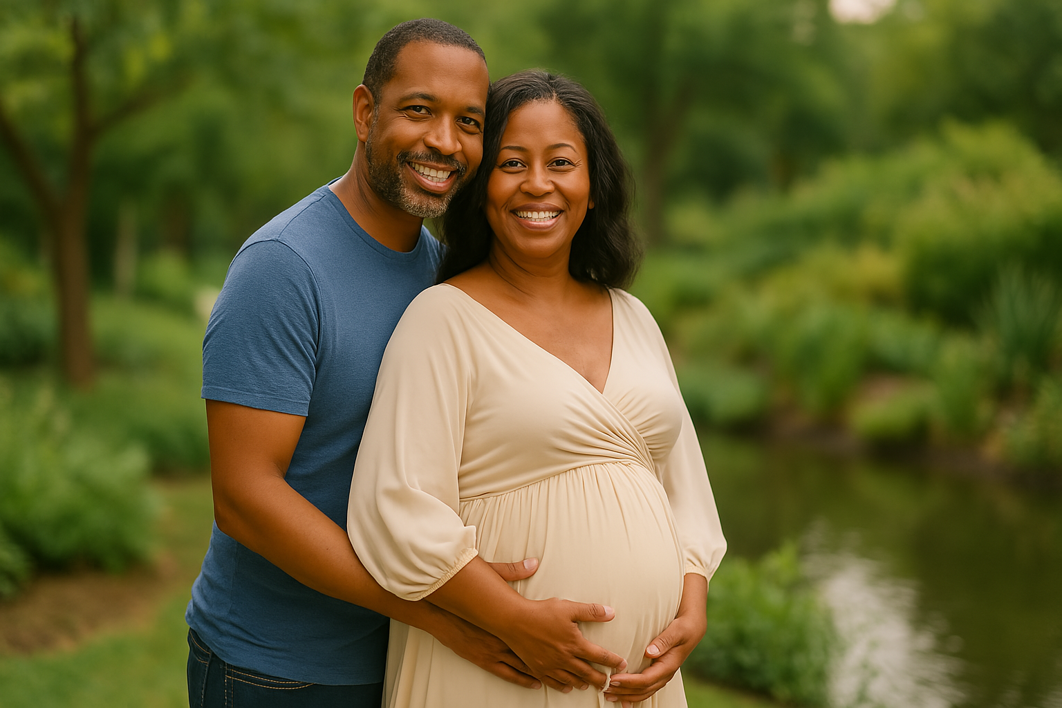 Black mother over 40 with her supportive husband in a sunny park, both smiling and embracing her pregnancy journey together as mature parents for a story about stylish black mother over 40 with her young daughter against a vibrant yellow background, representing modern black motherhood trends in 2025.