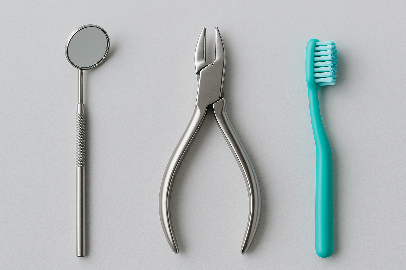 Pediatric dentistry tools including a dental mirror, orthodontic pliers, and a turquoise toothbrush for children's healthy smiles and orthodontic care for an article about guiding parents through orthodontic care for children's healthy smiles.