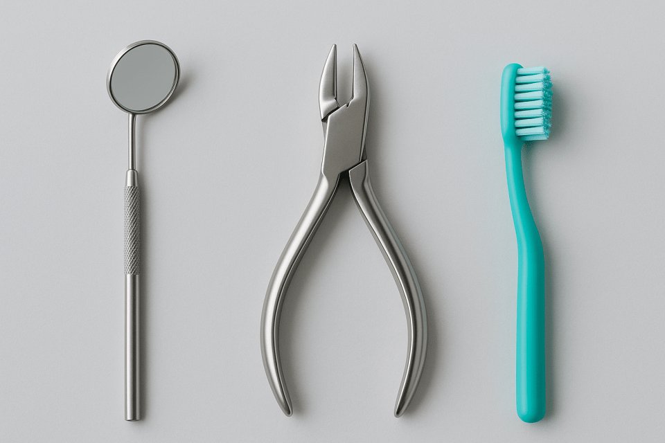 Pediatric dentistry tools including a dental mirror, orthodontic pliers, and a turquoise toothbrush for children's healthy smiles and orthodontic care for an article about guiding parents through orthodontic care for children's healthy smiles.