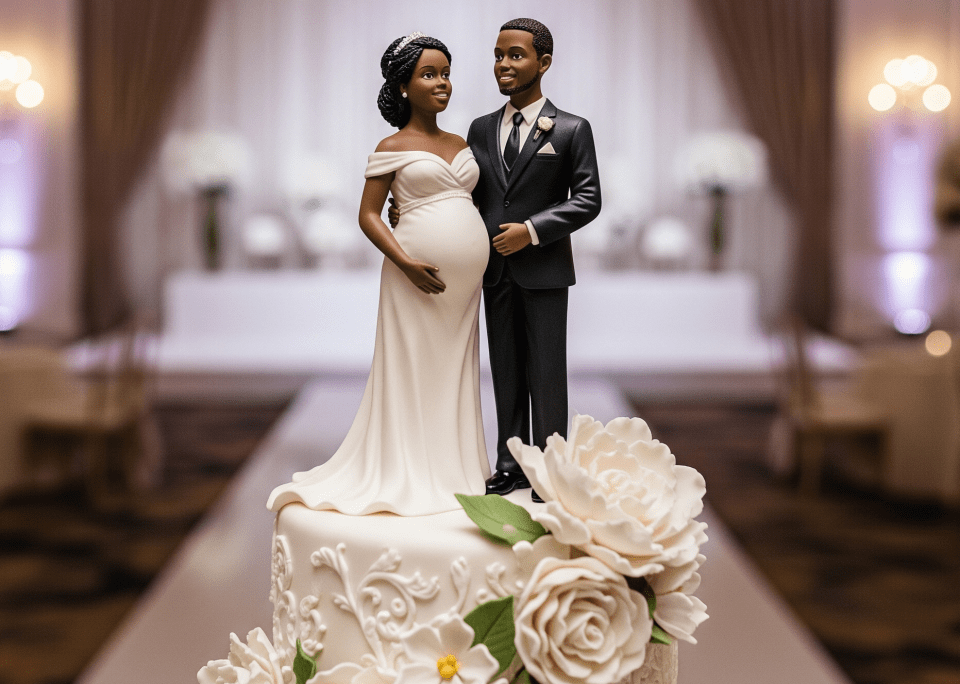 A wedding cake topper of a pregnant black bride and groom showcases love and joy, symbolizing how to plan your wedding when pregnant with celebration.