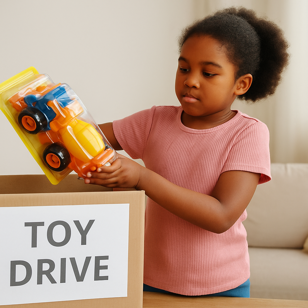 A young black girl with 4c hair places a toy into a cardboard toy drive box labeled “toy drive,” showing care and generosity in a cozy home setting.