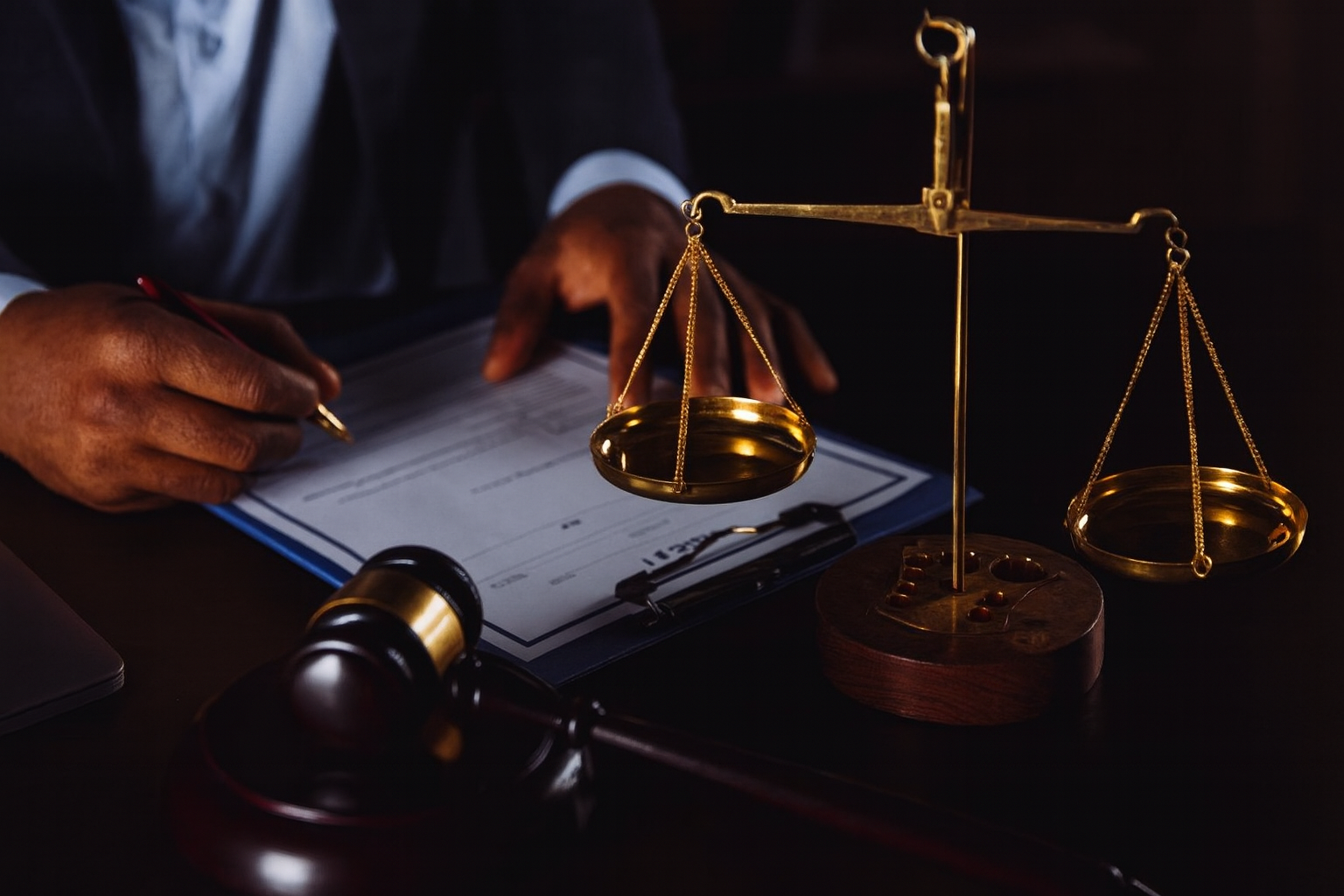 Close-up of a personal injury lawyer with dark-skinned hands signing legal documents beside a golden scale of justice and gavel in jersey city for an article titled, how can a personal injury lawyer maximize your compensation?