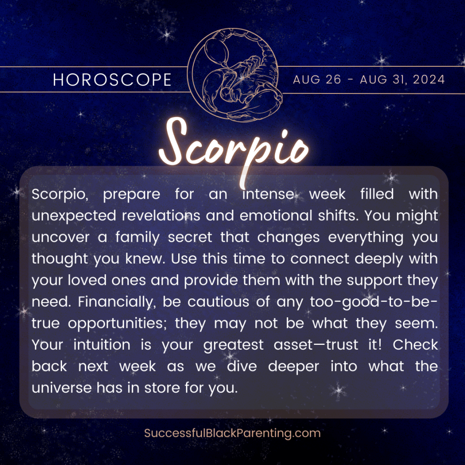 Horoscopes for parents: week of august 11th – august 18th Intense and mysterious scorpio zodiac sign illustration, capturing the essence of scorpio's passion and depth, aimed at those exploring personal transformation in astrology.