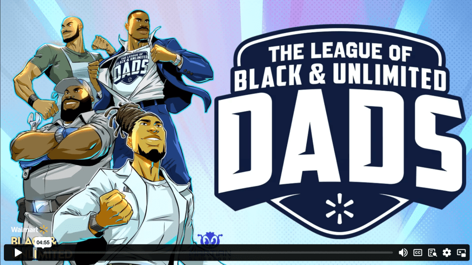 Walmart celebrates black fathers as superheroes in new father’s day campaign Cartoon thumbnail of black fathers as superhero for a video in a new father's day campaign by walmart that celebrates black fathers.