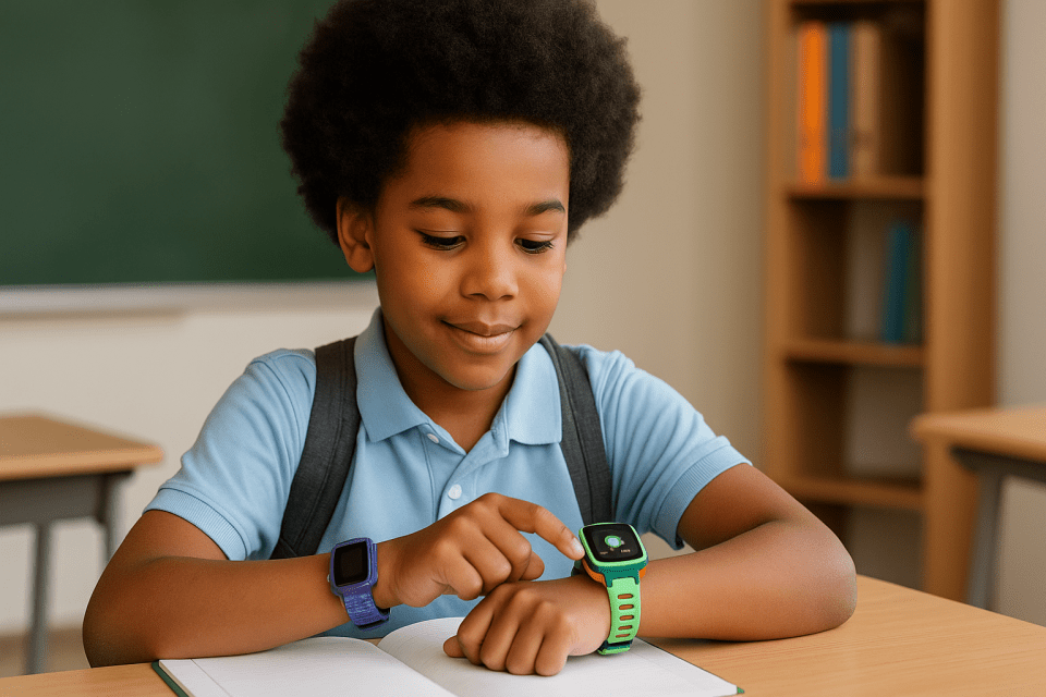 Back-to-school: why smart tech is a lifeline for black parents Young black boy using ticktalk smartwatch in classroom as part of school-safe tech tools - kid with a smart watch at school - back-to-school: why smart tech is a lifeline for black parents