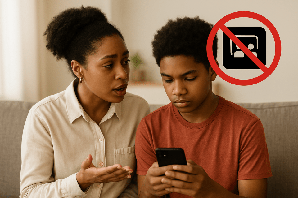 Black mother talking with teen son about social media ban for children and online safety for an article titled, black mother talking with teen son about social media ban for children and online safety.