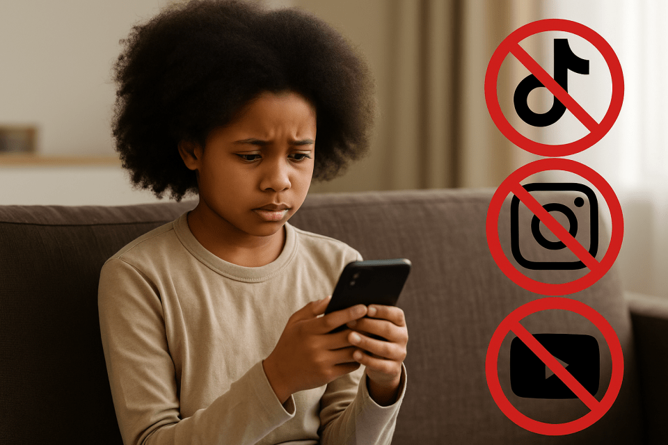 African american girl upset by phone with social media ban for children icons, tiktok, instagram, youtube restriction  for an article titled, black mother talking with teen son about social media ban for children and online safety.
