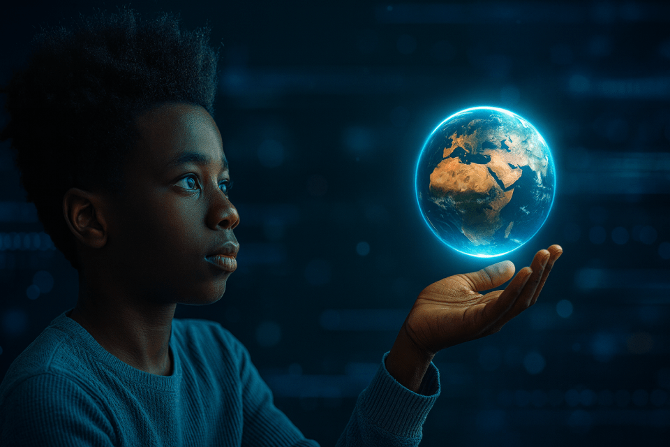 How the tech industry fails black boys and how community can lead the way Black teen boy with 4c hair holding a glowing earth in a futuristic tech background, representing black communities breaking the tech-industrial complex for an article titled, how the tech industry fails black boys and how community can lead the way.