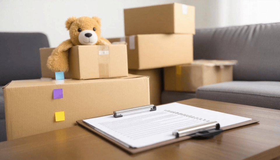 Black parents' guide to interstate moving with children: essential tips and resources Teddy bear on moving boxes for interstate moving