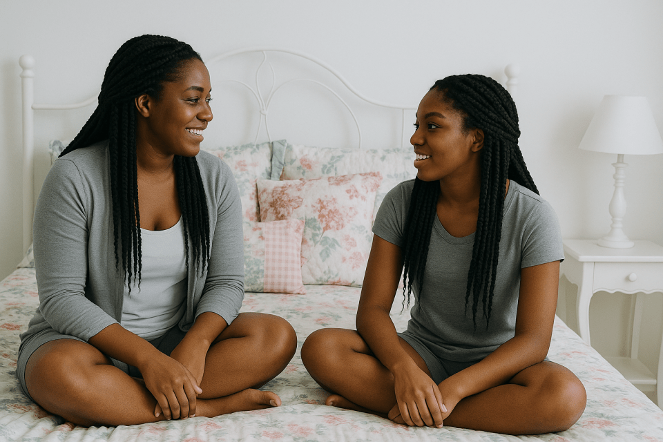 How to set boundaries with your teen without conflict Mother and teenage daughter talking on bed about how to set boundaries with your teen without conflict for an article about how to set boundaries with your teen without conflict