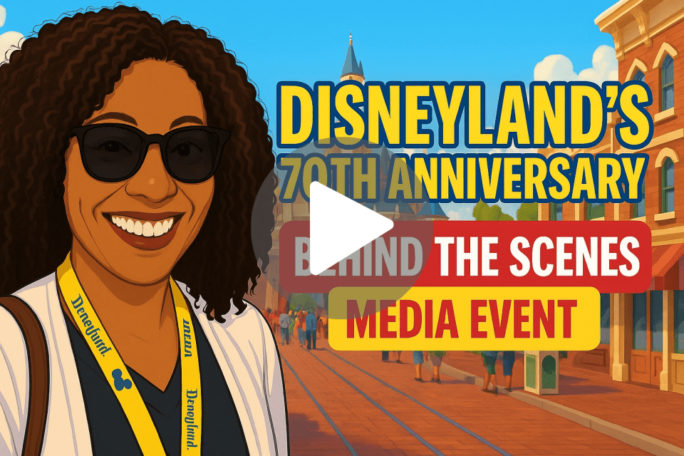 A smiling african american woman with curly hair and black sunglasses stands in front of disneyland’s main street u. S. A. , with sleeping beauty castle in the background. She wears a white cardigan and a yellow “disneyland media” lanyard. Bold text on the image reads “disneyland’s 70th anniversary: behind the scenes media event. ” the scene is colorful and festive, capturing the joy and magic of the celebration for behind the magic: celebrate happy at disneyland’s 70th anniversary article.