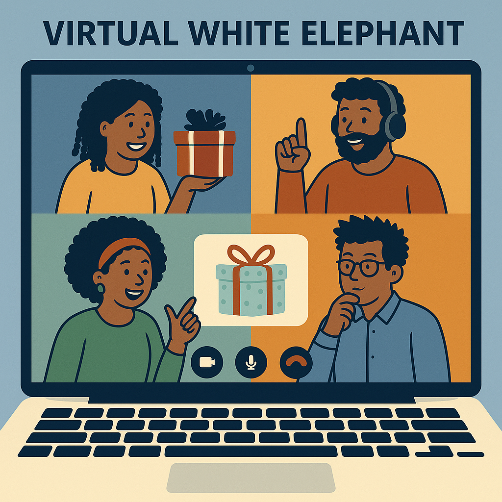 Graphic about the virtual white elephant and gifts for teams and families.