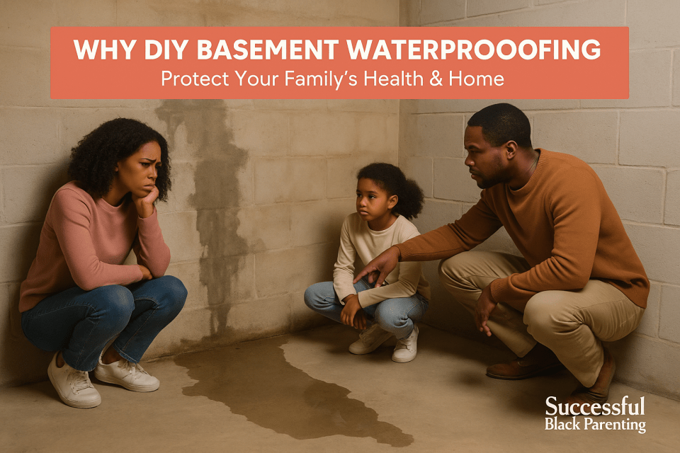 Why diy basement waterproofing often fails (and what to do instead) A black family of three looks concerned while inspecting water damage and puddles on a basement wall and floor, illustrating why diy basement waterproofing often fails.