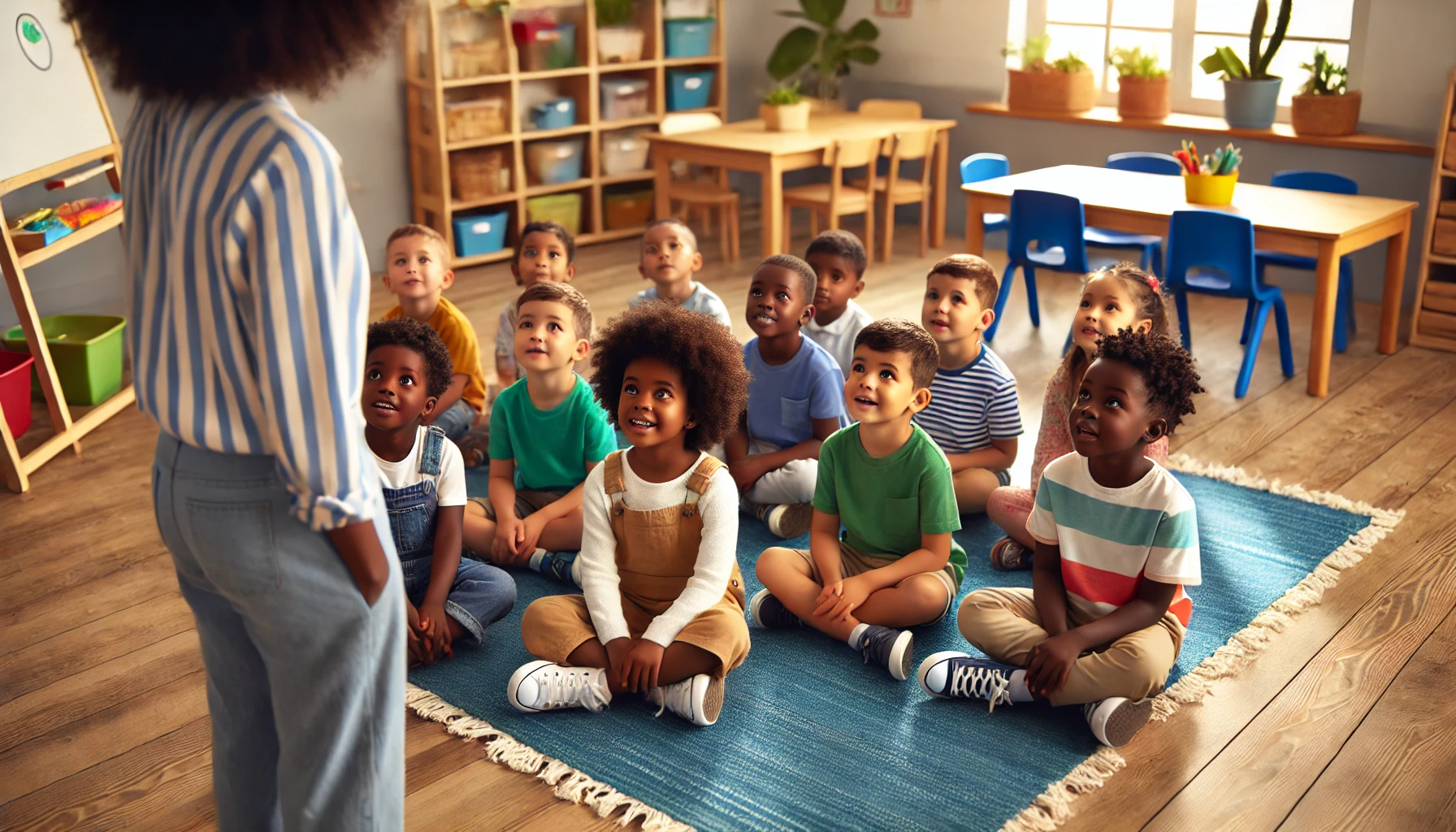The impact of early childhood education on cognitive and social development Children sit on a carpet in preschool listening to their teacher for an article on the impact of early childhood education on cognitive and social development